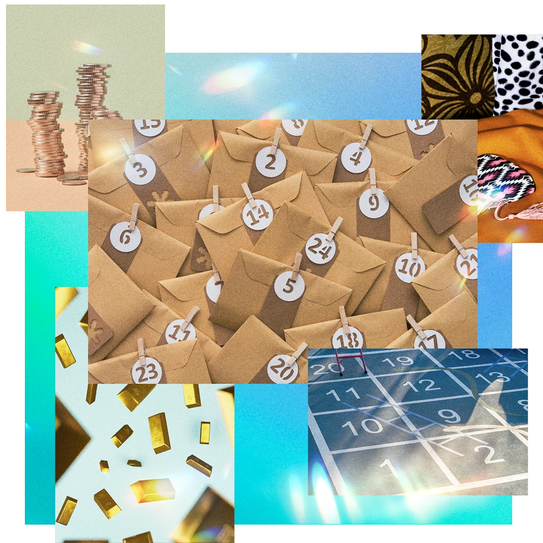 Several images featuring money-collecting envelopes, stacked coins, falling gold bricks and an abstract interpretation of a purse.