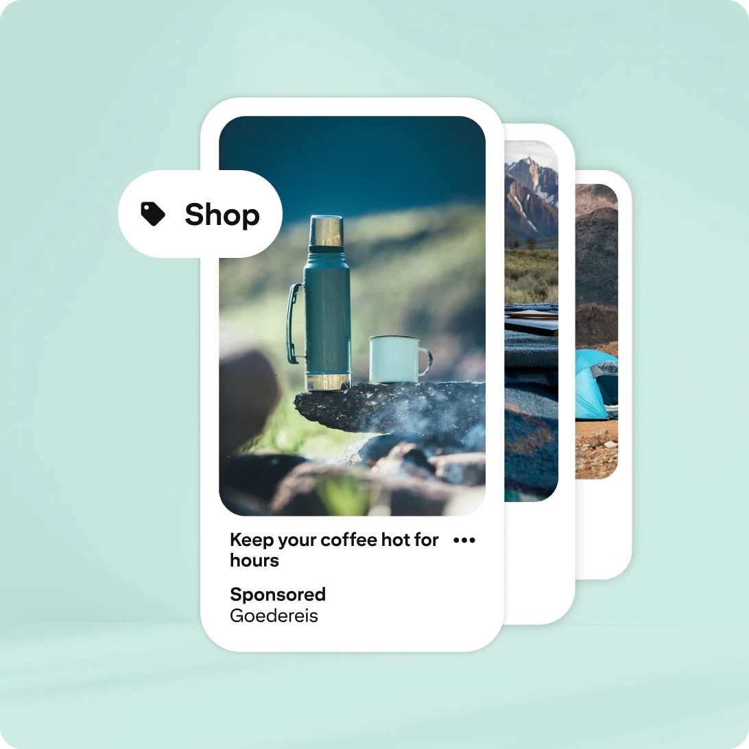 A Pinterest ad showing a steel thermos and mug set on a rock outdoors, implying the product keeps drinks hot for extended periods. The background features a serene nature setting. A “Shop” icon and text advertises the product.