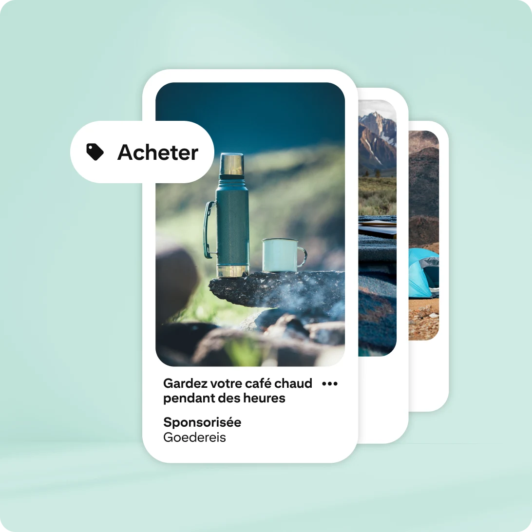 Annonce Pinterest montrant un thermos et une tasse en acier posés sur un rocher en plein air, pour indiquer que le produit garde les boissons chaudes pendant longtemps. L’arrière-plan présente un environnement naturel paisible. Une icône avec le texte « Acheter » font la publicité du produit.