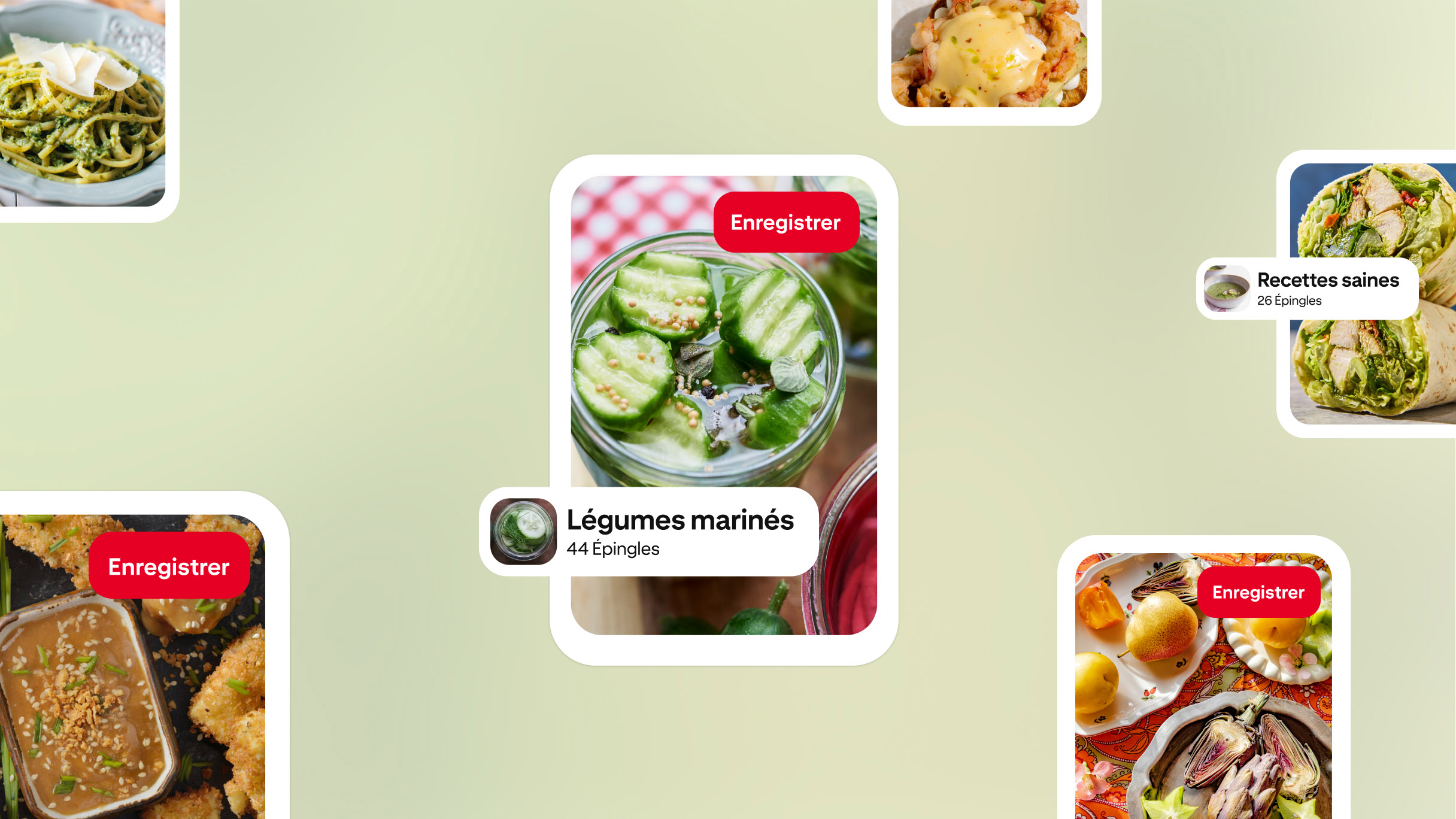 Un collage d’épingles de recettes Pinterest, présentant des plats comme des légumes marinés, des pâtes, des salades et des fruits frais, sur un fond vert clair avec des boutons « Enregistrer » et des noms de tableaux mis en évidence.