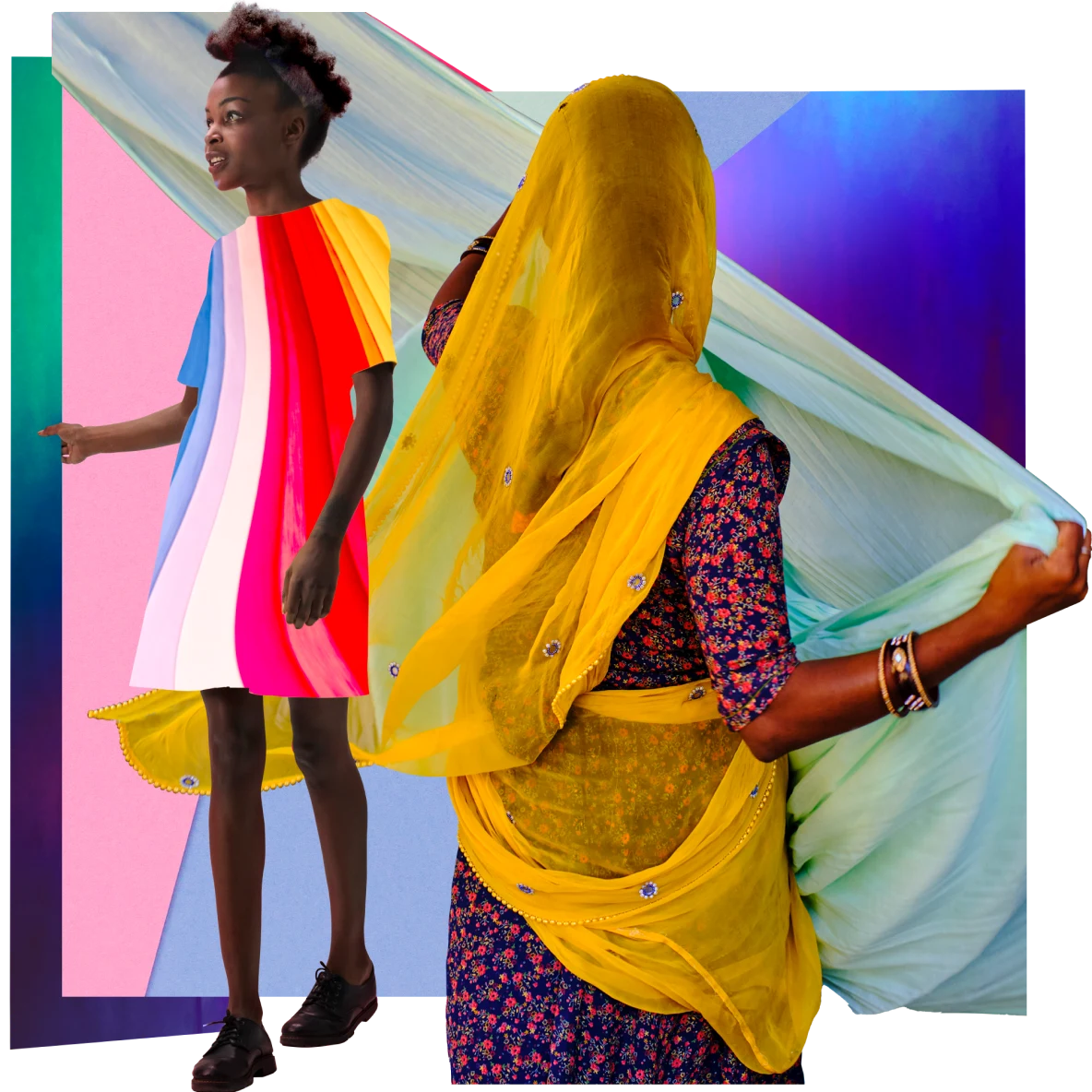 Colorful collage with two woman in bright colors against dark and pastels shapes.