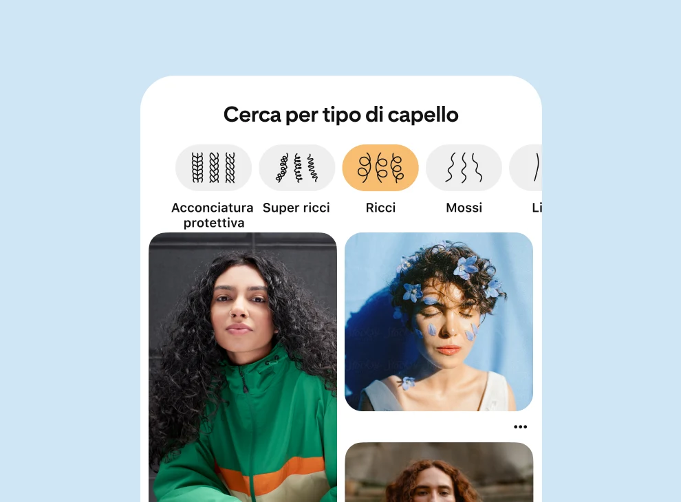 La pagina dei filtri in base al tipo di capello con dei Pin raffiguranti tre persone con capelli ricci. 