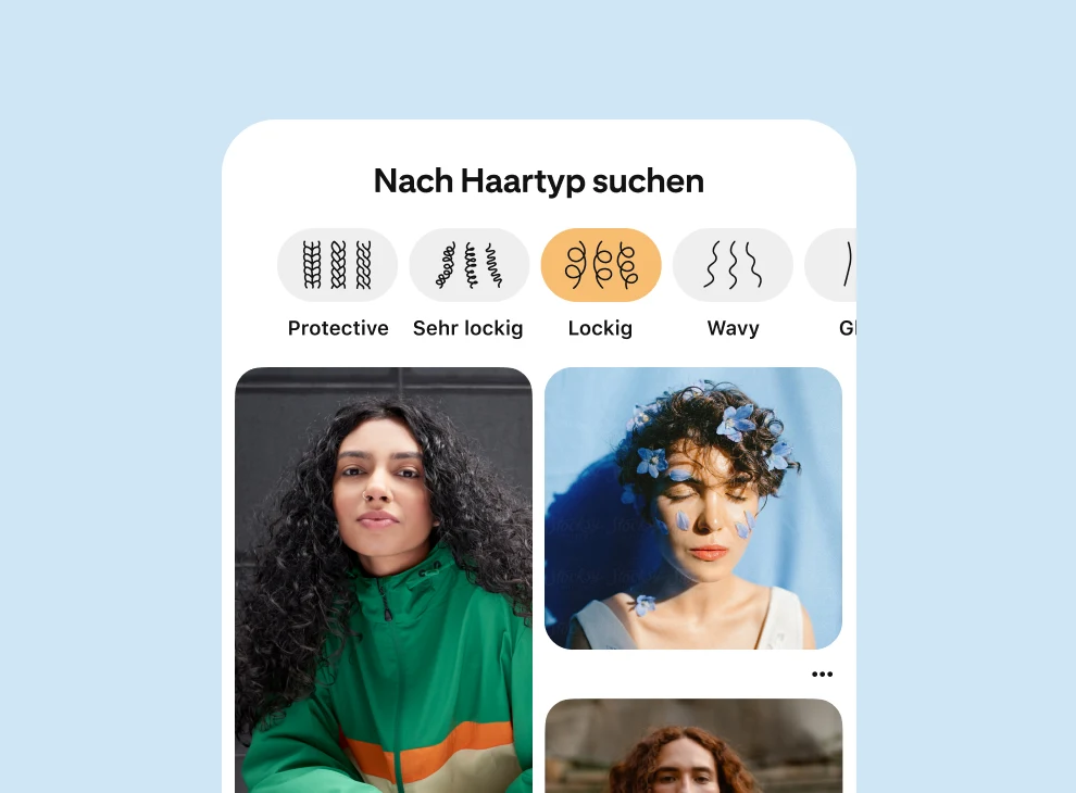 Die Haartyp-Filterseite mit Pins, die drei Personen mit lockigem Haar zeigen. 