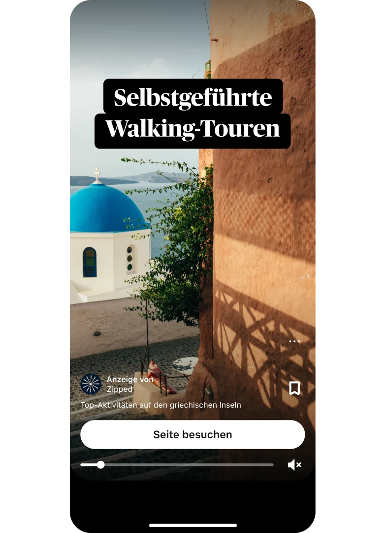 Thumbnail auf Idea Ad-Vorschau mit griechischem Meer, dem Titel „Selbstgeführte Touren“ und einem Button mit der Aufschrift „Seite besuchen“ in der Mitte.