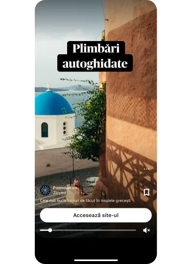 Miniatura previzualizării unei reclame Idee înfățișând o vedere asupra apei din Grecia, cu titlul „Self-guided walking tours” (Tururi autoghidate de parcurs pe jos) și butonul Vizitează site-ul plasat în centru, în partea de jos a paginii.