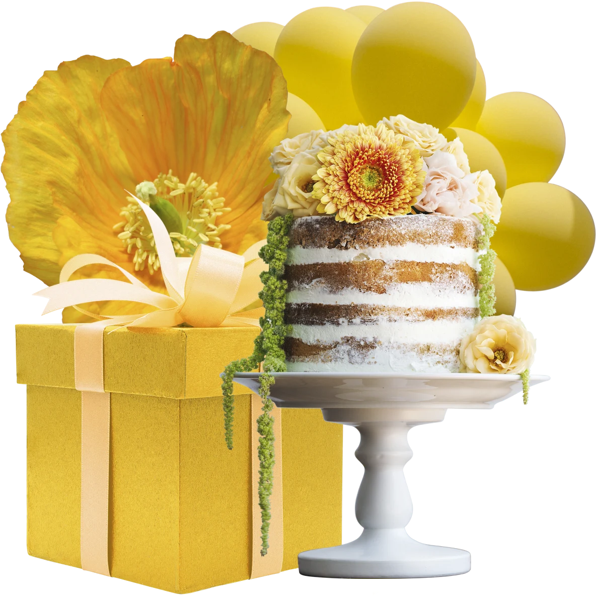 Collage de artículos de fiesta. Pastel blanco de cuatro capas en una fuente a la derecha. Caja amarilla grande con moño a la izquierda. Fondo de flores amarillas grandes y globos amarillos.
