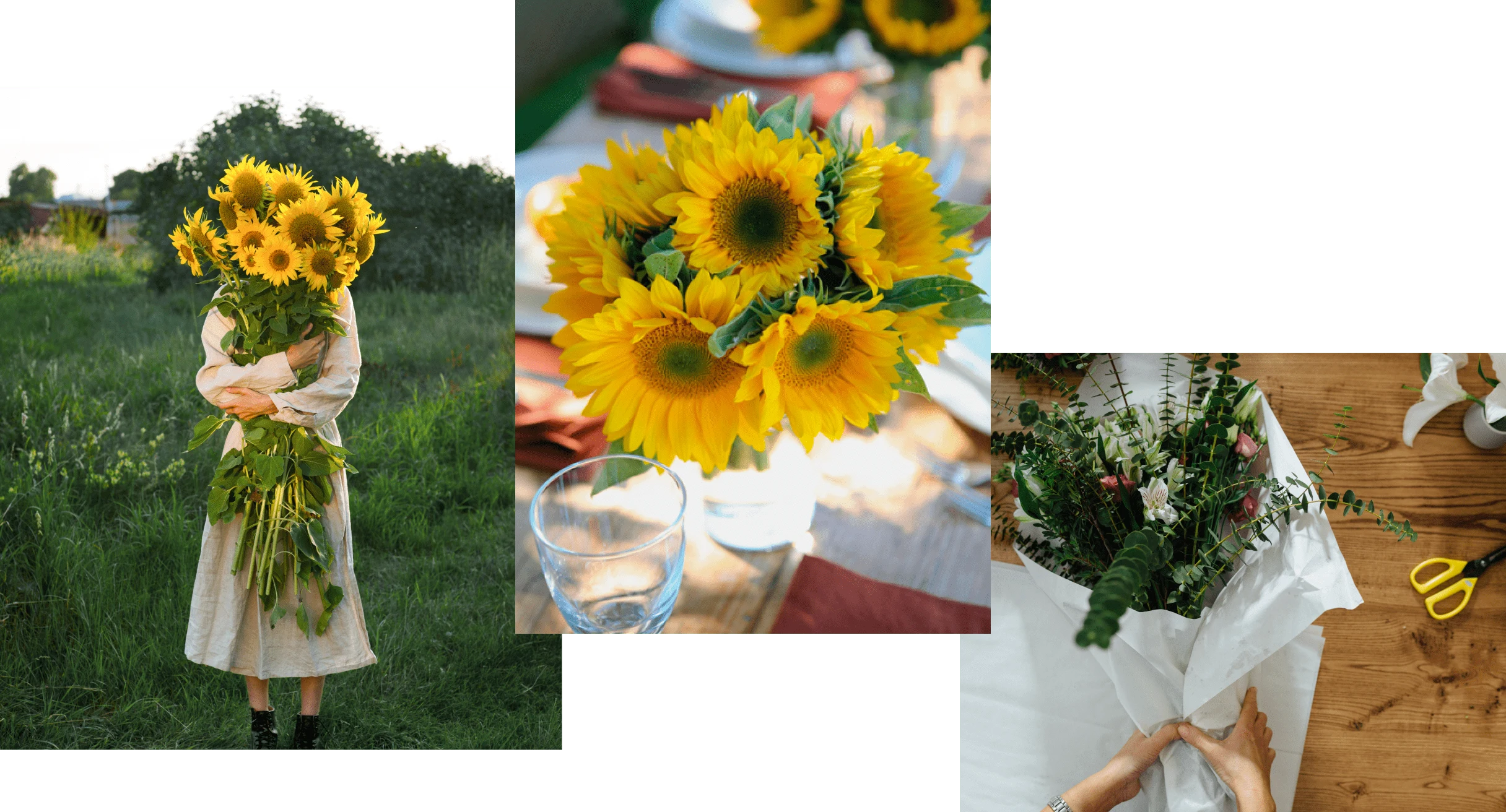 Três fotos que retratam arranjos de flores amarelas e folhagem verde
