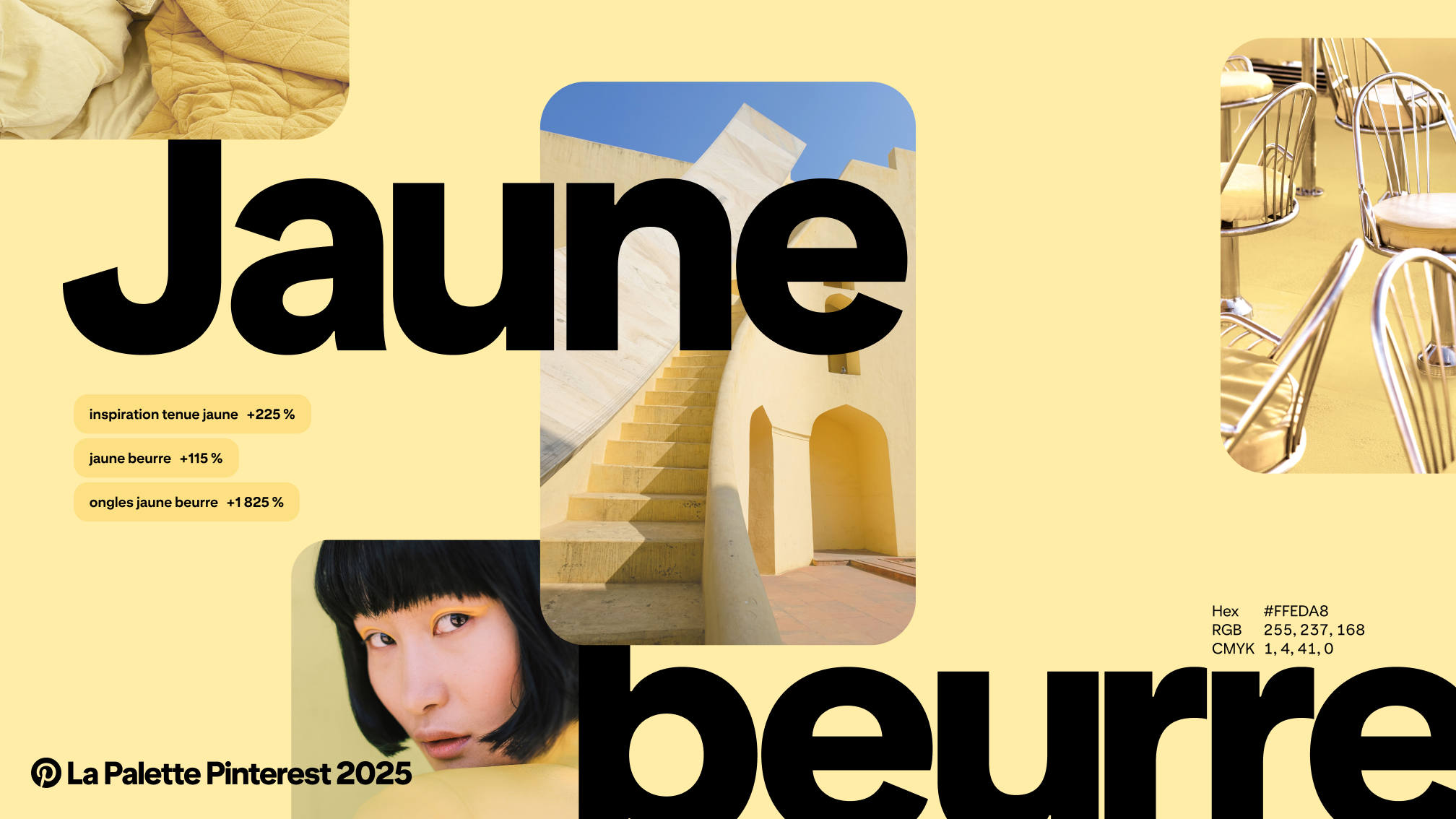 Terme « Jaune beurre » superposé sur un fond jaune pâle avec des exemples d’Épingles et de termes de recherche Pinterest.