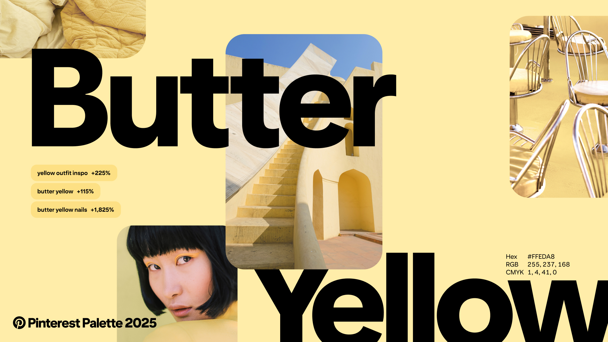 The words ‘Butter Yellow’ are superimposed on a pale yellow background with sample Pins, Pinterest search terms and colour values.