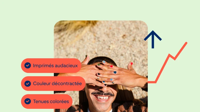 Épingle représentant une personne blanche avec des ongles peints de couleurs vives protégeant ses yeux du soleil, plusieurs étiquettes de produits sont alignées sur la gauche.