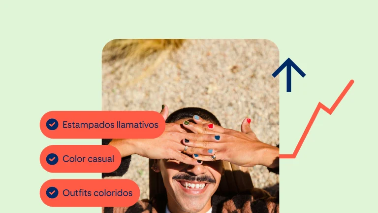 Pin que muestra a una persona blanca con las uñas pintadas con colores brillantes, que se cubre los ojos del sol. Hay varias etiquetas de productos alineadas a la izquierda.