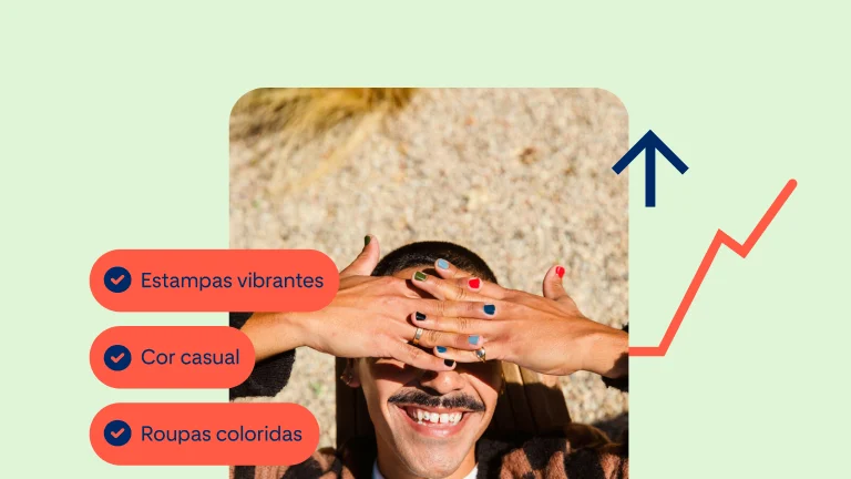 Pin mostrando uma pessoa branca com as unhas coloridas usando as mãos para proteger os olhos contra o sol, com várias tags de produto à esquerda.