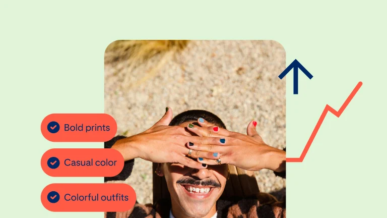 Pin featuring a White person with brightly-painted nails covering his eyes from the sun, various product tags align to the left.