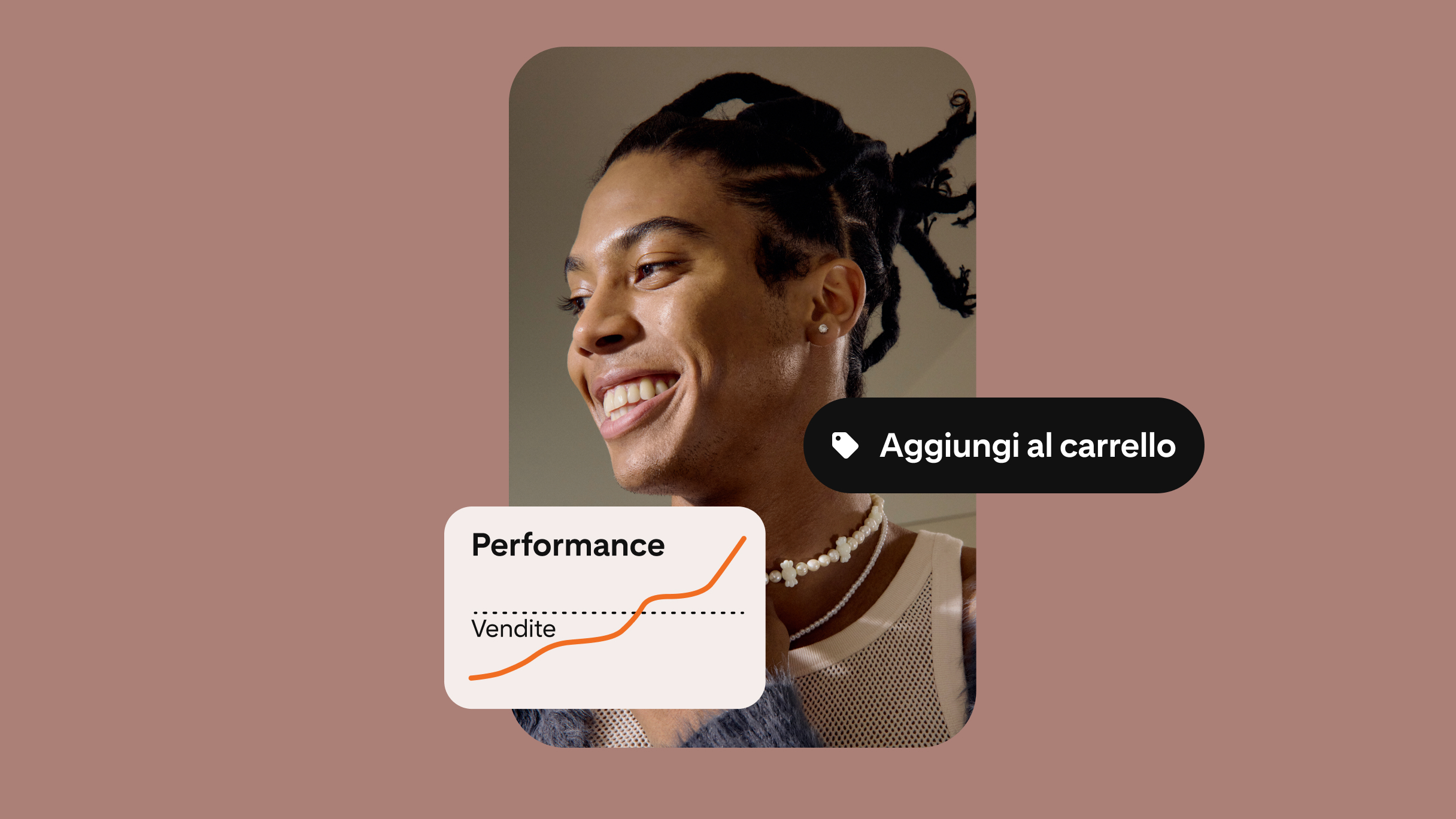 Una persona con i dreadlock che sorride. In basso a sinistra l'immagine è parzialmente coperta da un grafico fittizio sulla performance che mostra un aumento delle vendite. A destra è presente un pulsante nero con il testo "Aggiungi al carrello".