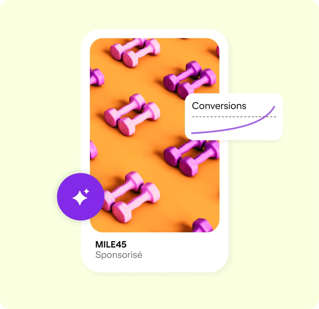 Un exemple d’une annonce Pinterest montrant plusieurs paires d’haltères roses sur un fond orange. À droite, un graphique linéaire montrant l’augmentation des conversions et, à gauche, une image ronde violette avec des étoiles blanches. 