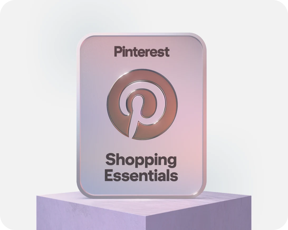 Pinterest “Shopping Essentials” badge with the Pinterest logo, standing on a pastel block.