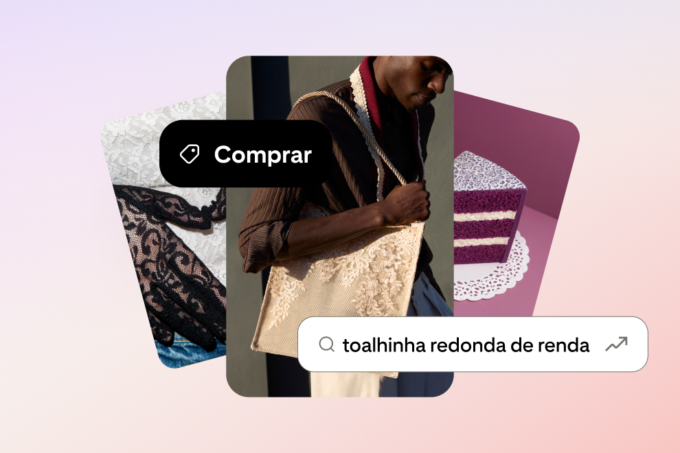 Imagens de uma bolsa tote com detalhes em renda, meia-calça e um bolo aparecem ao lado da consulta de pesquisa por "toalhinha redonda de renda" e um ícone de compra. 