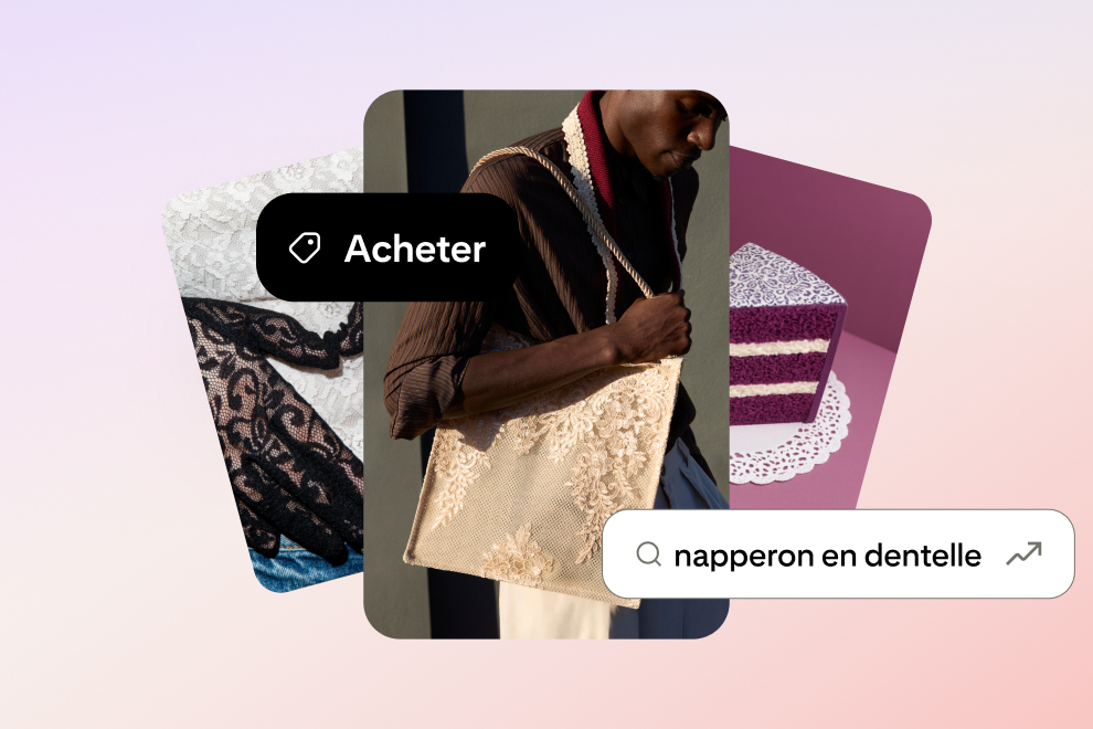 Images d’un tote bag, de collants et d’un gâteau décorés de dentelle, accompagnées d’une requête de recherche pour « napperon en dentelle » et d’une icône de shopping. 