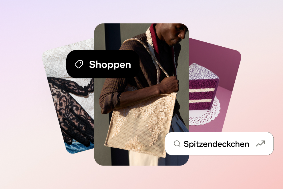 Bilder einer Tasche mit Spitzenmuster, einer Spitzenstrumpfhose und eines Kuchens mit einer Suchanfrage nach „Spitzendeckchen“ und dem Symbol „Shoppen“ 