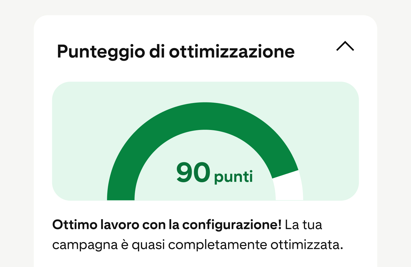 Il punteggio di ottimizzazione della campagna, visualizzato in Gestione annunci di Pinterest, è di 90 punti, a conferma dell'ottima impostazione della campagna. 