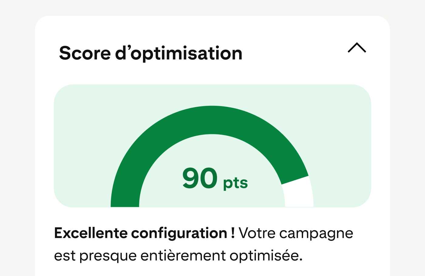 Le score d’optimisation de campagne, tel qu’affiché dans le Gestionnaire d’annonces Pinterest, est de 90 points. C’est une excellente configuration. 