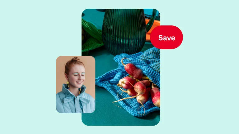 On a teal background, a collage of three images. To the left, a red-haired woman with blue eyeshadow and jacket. In the middle, a table with radishes and a water pitcher in the background. To the right, a bunch of purple flowers in a technicolor vase. 