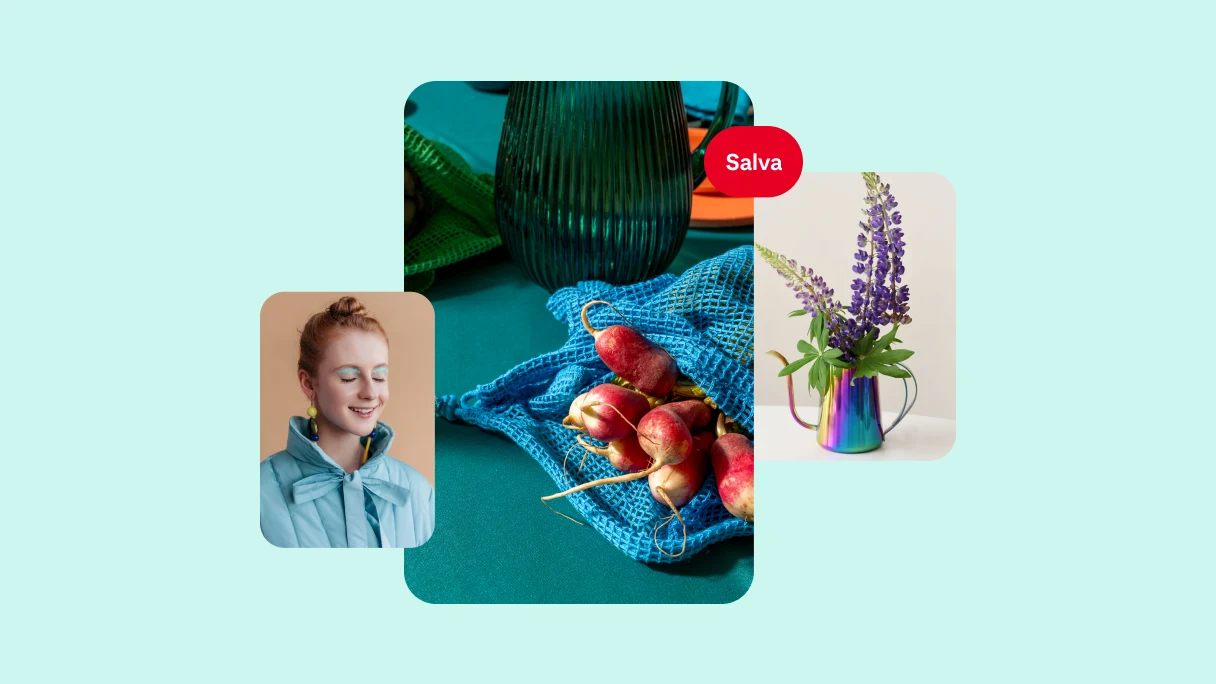 Un collage di tre immagini su sfondo verde. Sulla sinistra, una donna dai capelli rossi con giacca e ombretto blu. Al centro, un tavolo, dei ravanelli e una caraffa d'acqua sullo sfondo. Sulla destra, un mazzo di fiori viola in un vaso multicolore. 