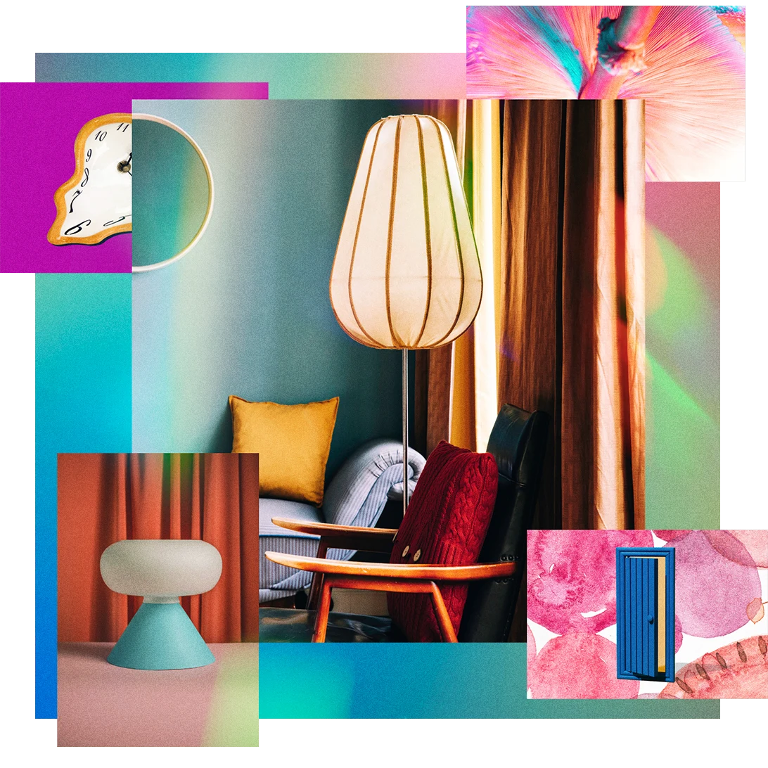 Conjunto de cinco imagens com uma sala extravagante e chique, uma luminária em formato oblongo, um close-up de um cogumelo, um relógio curvado e uma porta desconstruída, tudo em um espaço texturizado brilhante.