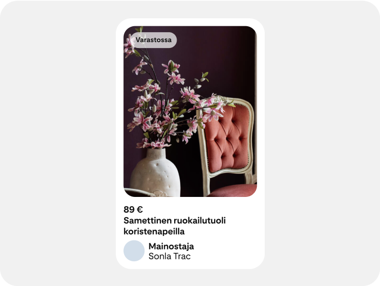 Ostosmainos, jossa kalusteita ja tietoja saatavuudesta ja hinnasta.