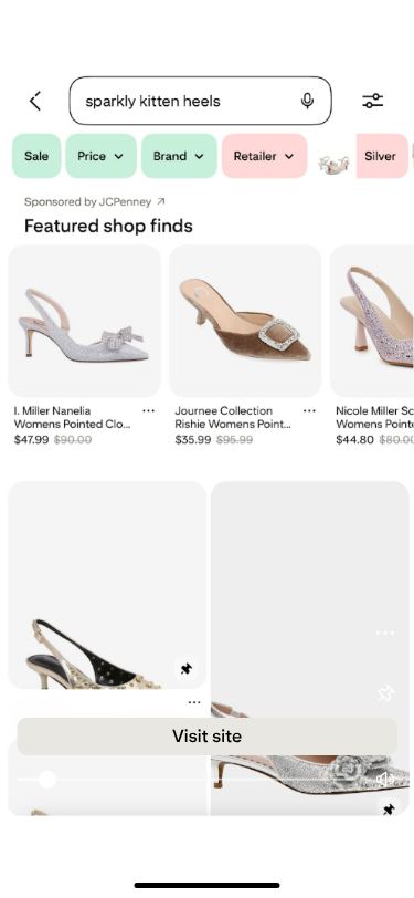 Search results for "sparkly kitten heels" showing various styles with price tags. Shoes are glittery, elegant, with slingback and pointed designs.