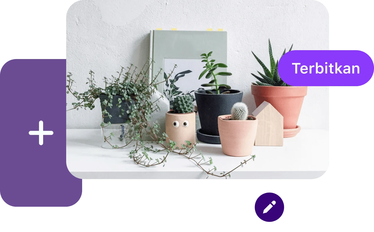 A pin layered on top of cartoon-like boxes and Pinterest buttons, with a button reading "Publish" to the right.  In the middle, an image of a white shelf with several plants sitting on top. A light green picture frame sits in the background. 