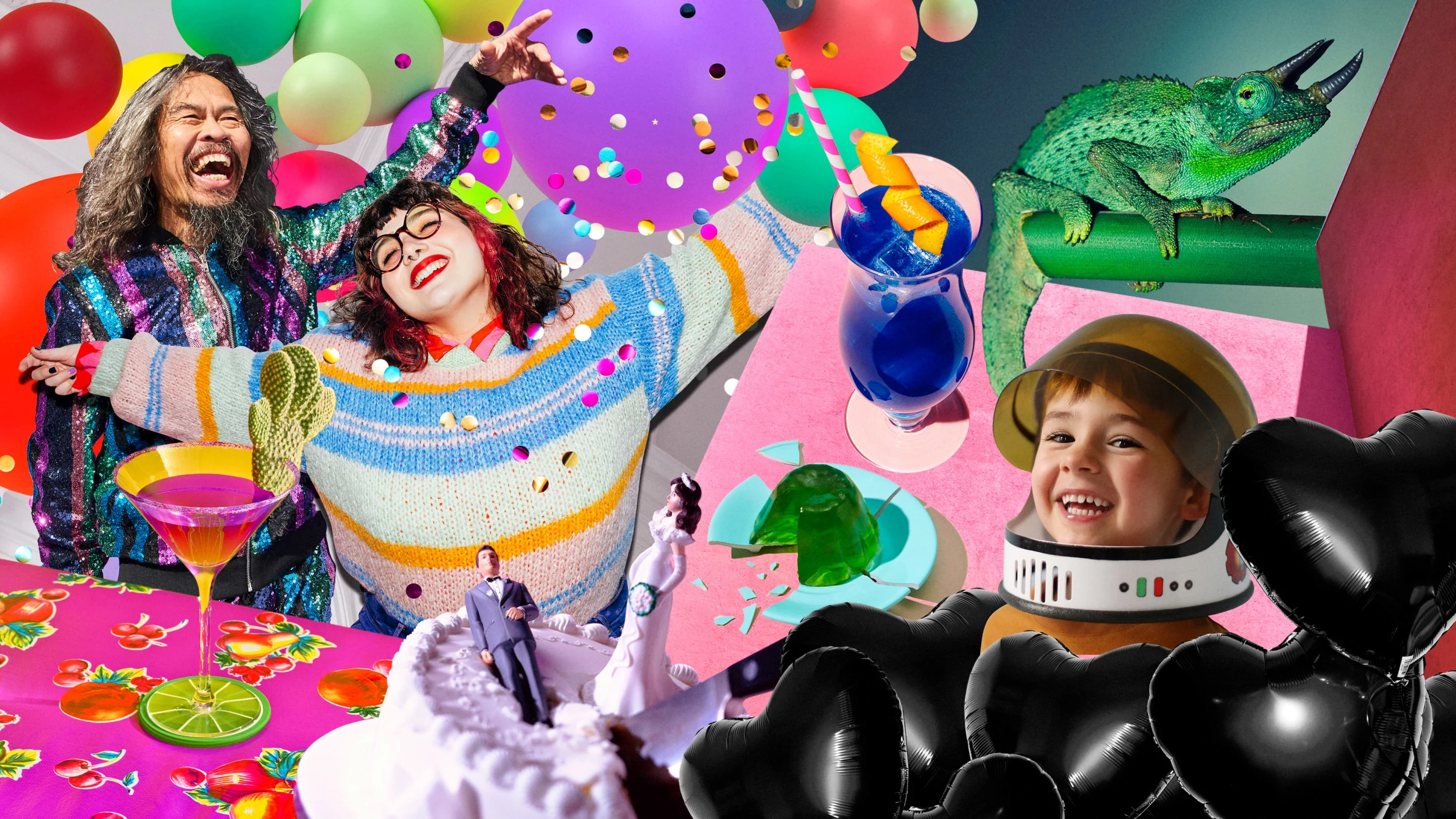Collage of party themes. Older, smiling East Asian man at right holds up a hand. White woman at center smiles and holds out her arms. White child at right in an astronaut helmet. Iguana at upper left on a green branch. Martini on a multicolored table cloth. Cake with male and female figurines. Black heart-shaped balloons. Balloons of different bright colors at upper left.
