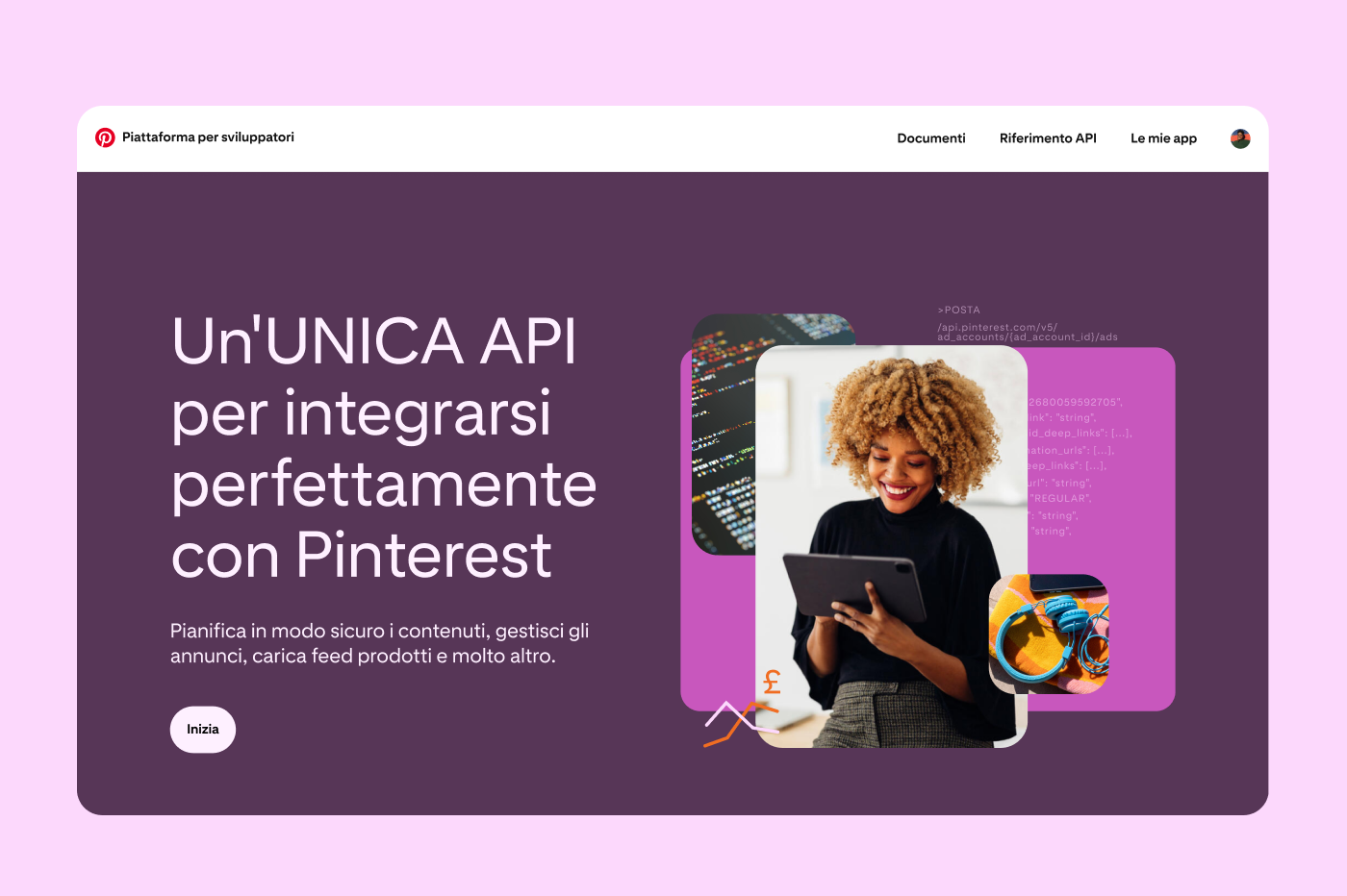 Screenshot che mostra la homepage della piattaforma per sviluppatori di Pinterest, con alcuni Pin fittizi a destra e un pulsante CTA "Inizia" a sinistra.