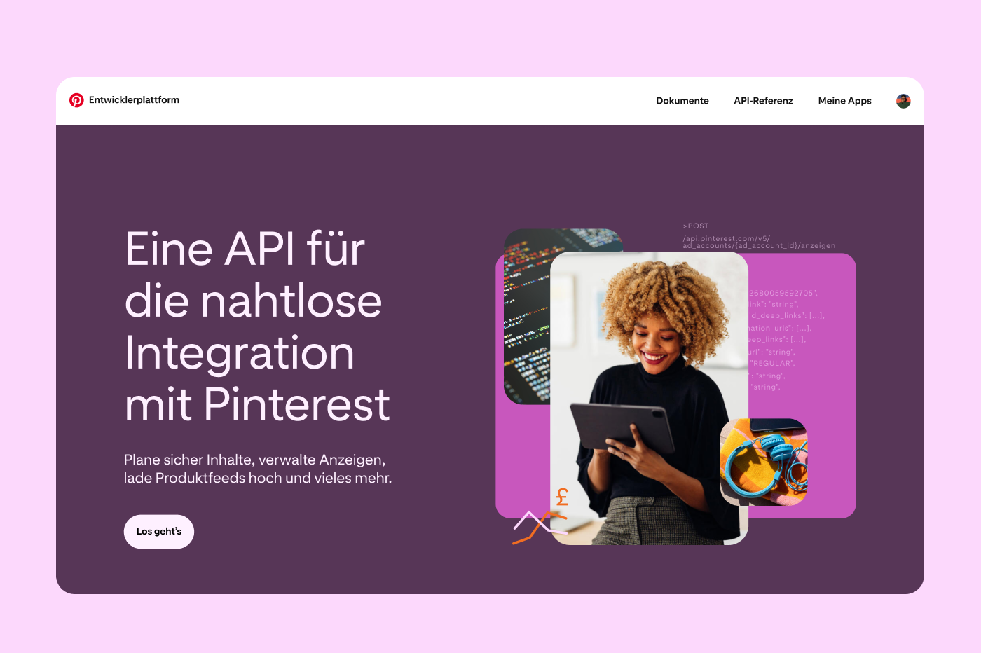 Screenshot that shows the Pinterest Developer Platform homepage which features some mock Pins on the right and a call-to-action button to 'Get started' on the left.