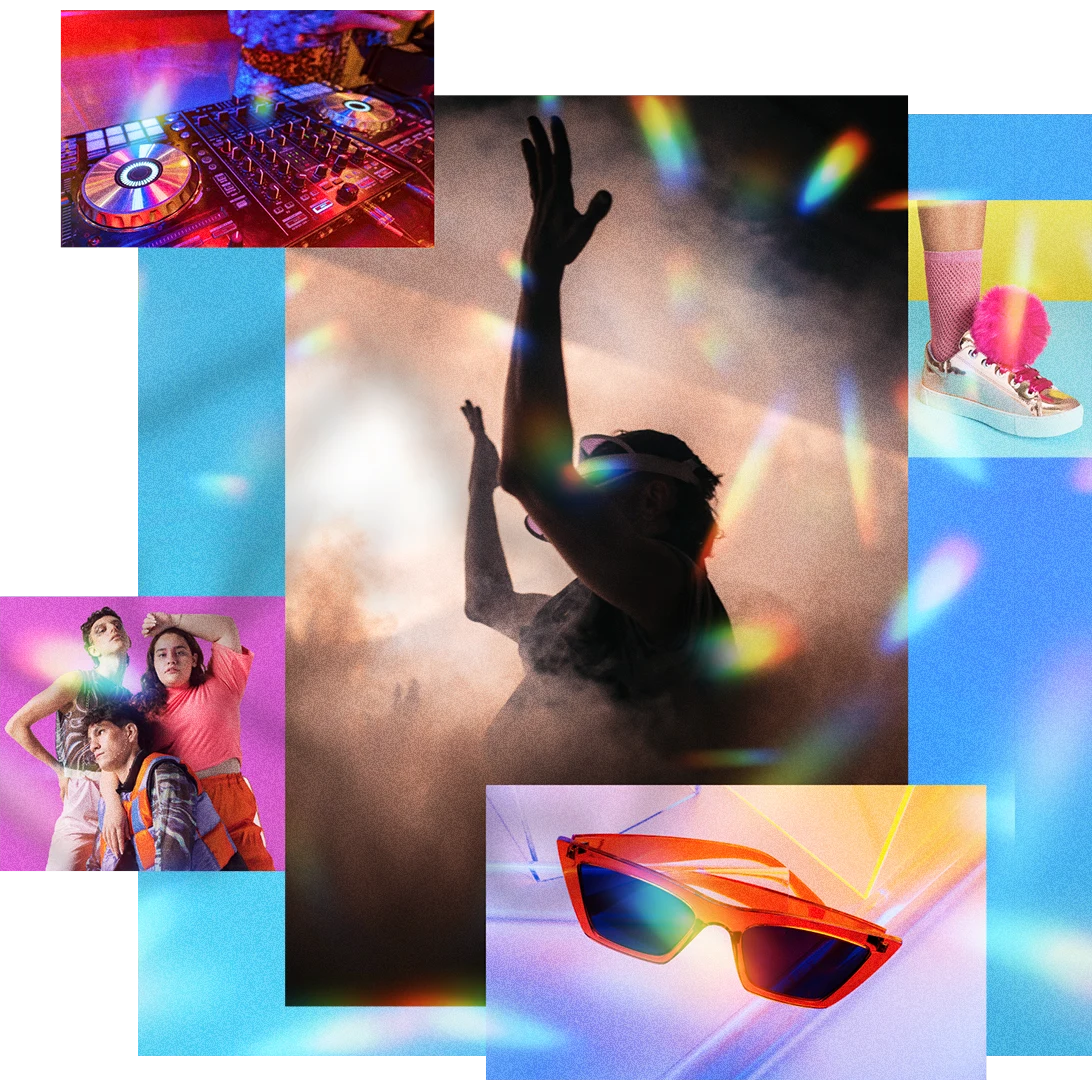 A set of images showing a person dancing in a foggy room, a close shot of a DJ booth and three people posing in rave-inspired clothes.