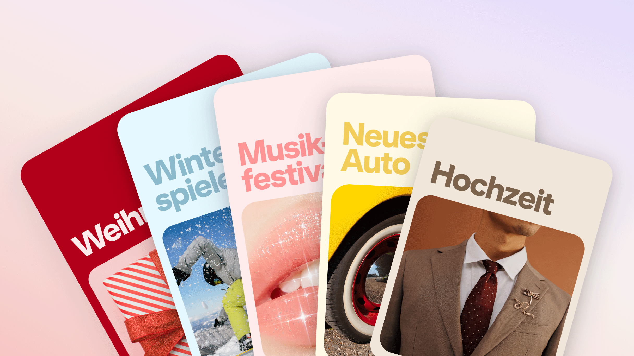 Fünf übereinander liegende Karten, die saisonale Planungs-Chancen auf Pinterest zeigen: Weihnachten, Wintersport, Musikfestival, neues Auto und Hochzeit.