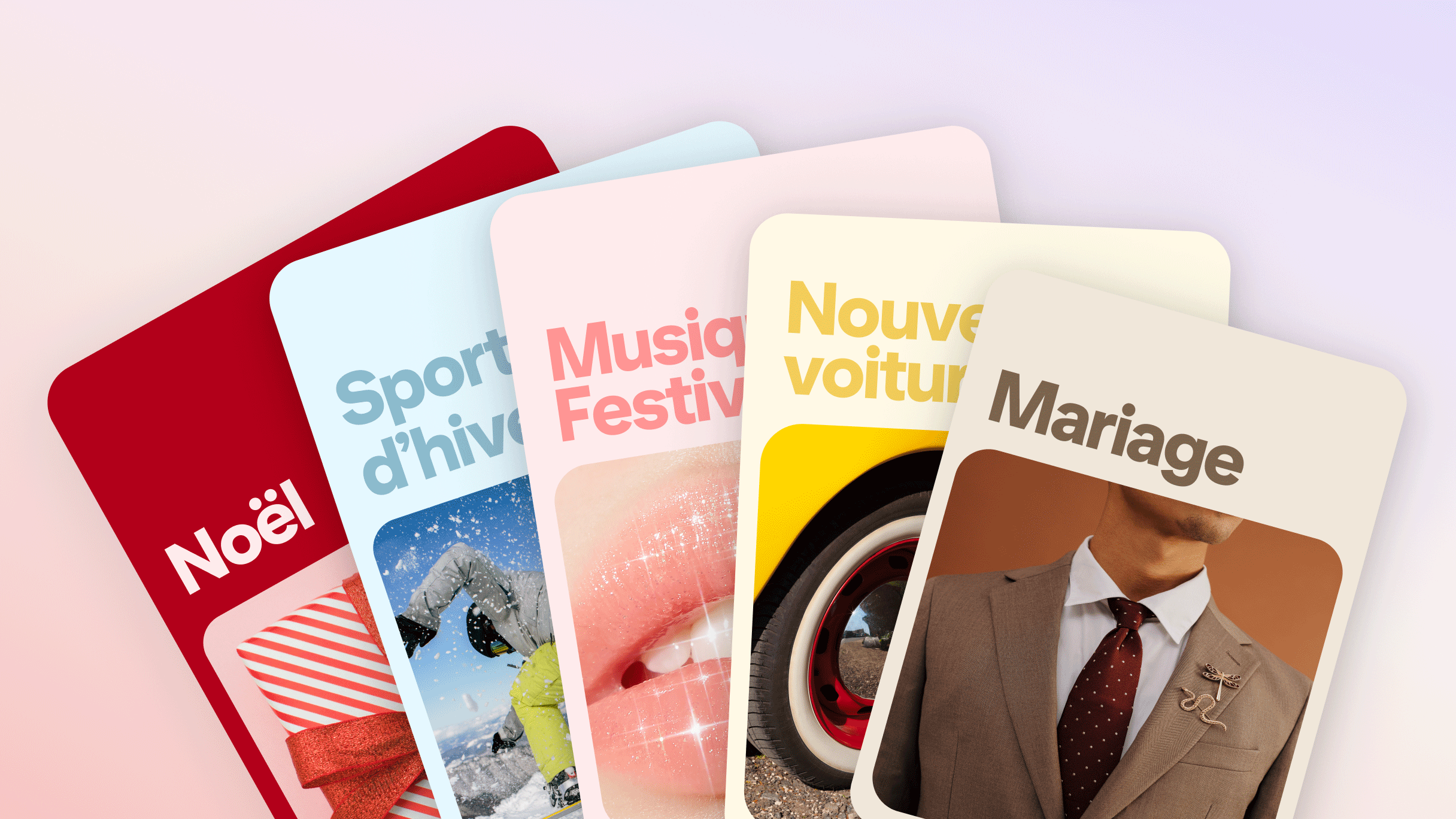 Cinq cartes se chevauchant et présentant chacune des opportunités de planification de contenus saisonniers sur Pinterest : Noël, les sports d’hiver, un festival de musique, une nouvelle voiture et un mariage.