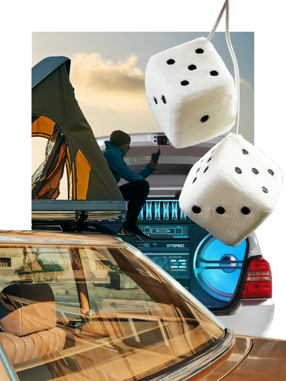 Collage of car-themed items. A boom box in the background in front of a blue sky with white clouds. A person on a cellphone near a tent on the upper left. Large fuzzy dice on the right. View inside the back of a brown car through the windshield at lower left.
