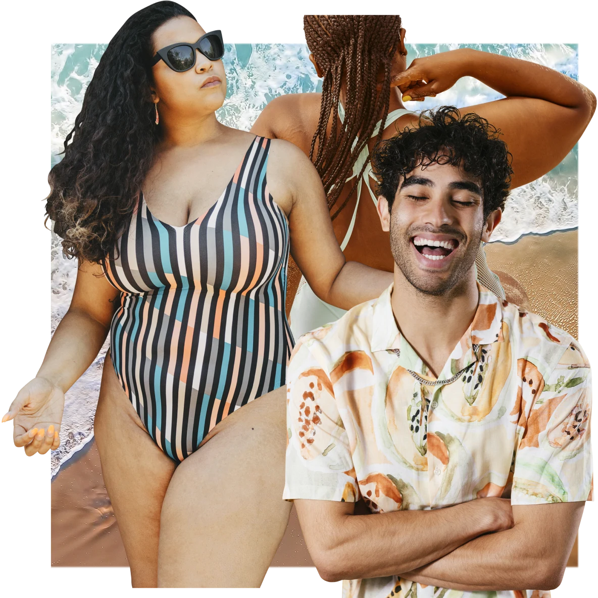 Collage of people ready for the beach: A woman in sunglasses and a striped swimsuit. A man wearing a papaya-patterned, short-sleeved shirt is smiling. A woman with braided hair heads towards the water in the background.