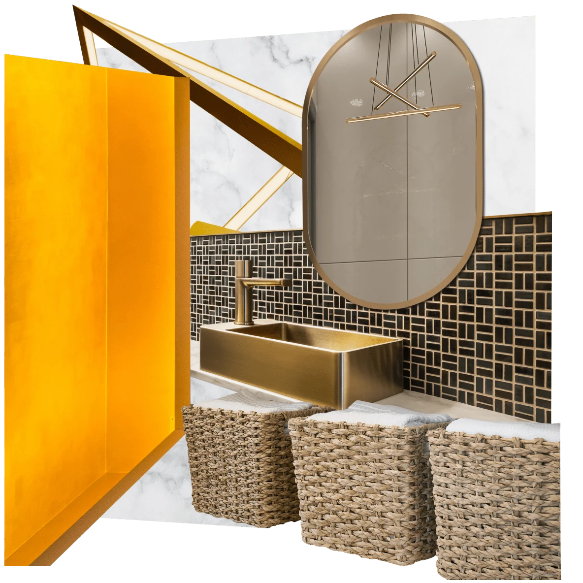 Collage de artículos modernos de cuarto de lavado: cestas de mimbre para la ropa sucia, pared de azulejos negros y dorados con lavabo cuadrado dorado, espejo redondeado que sale de una pared naranja.