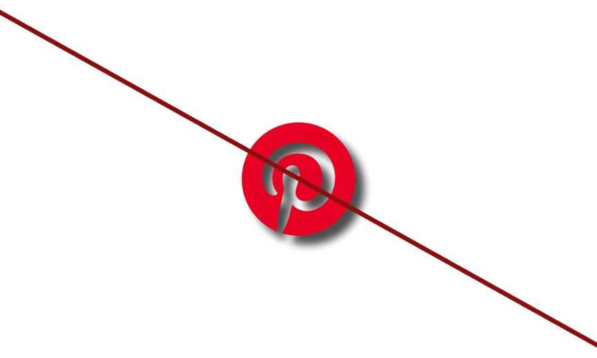 Strike-through of Pinterest logo with a drop shadow on a white background