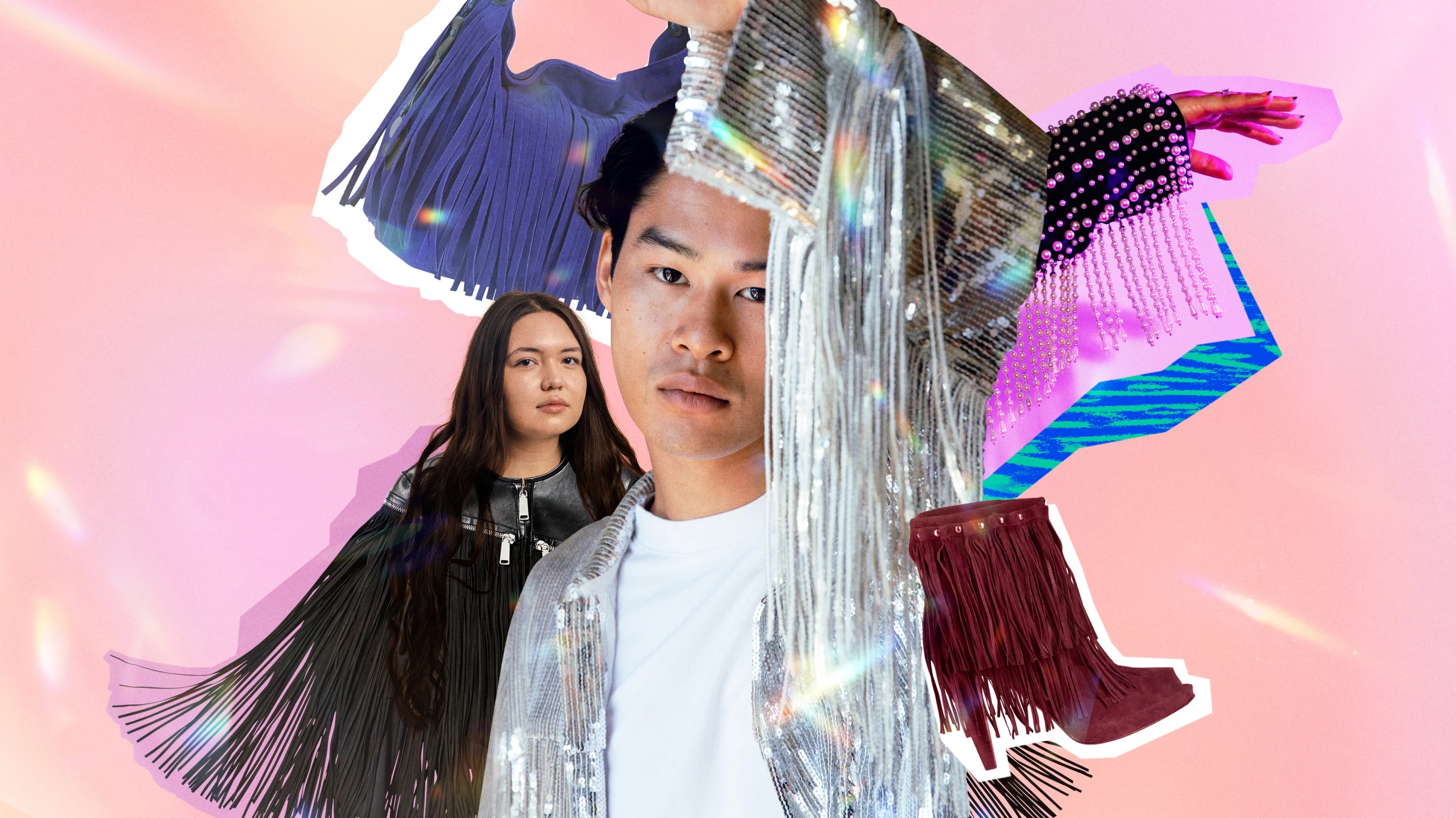 A collage of an Asian man and a Latiné woman wearing fringed clothing, surrounded by an arm with a beaded sleeve and fringed brown boots.