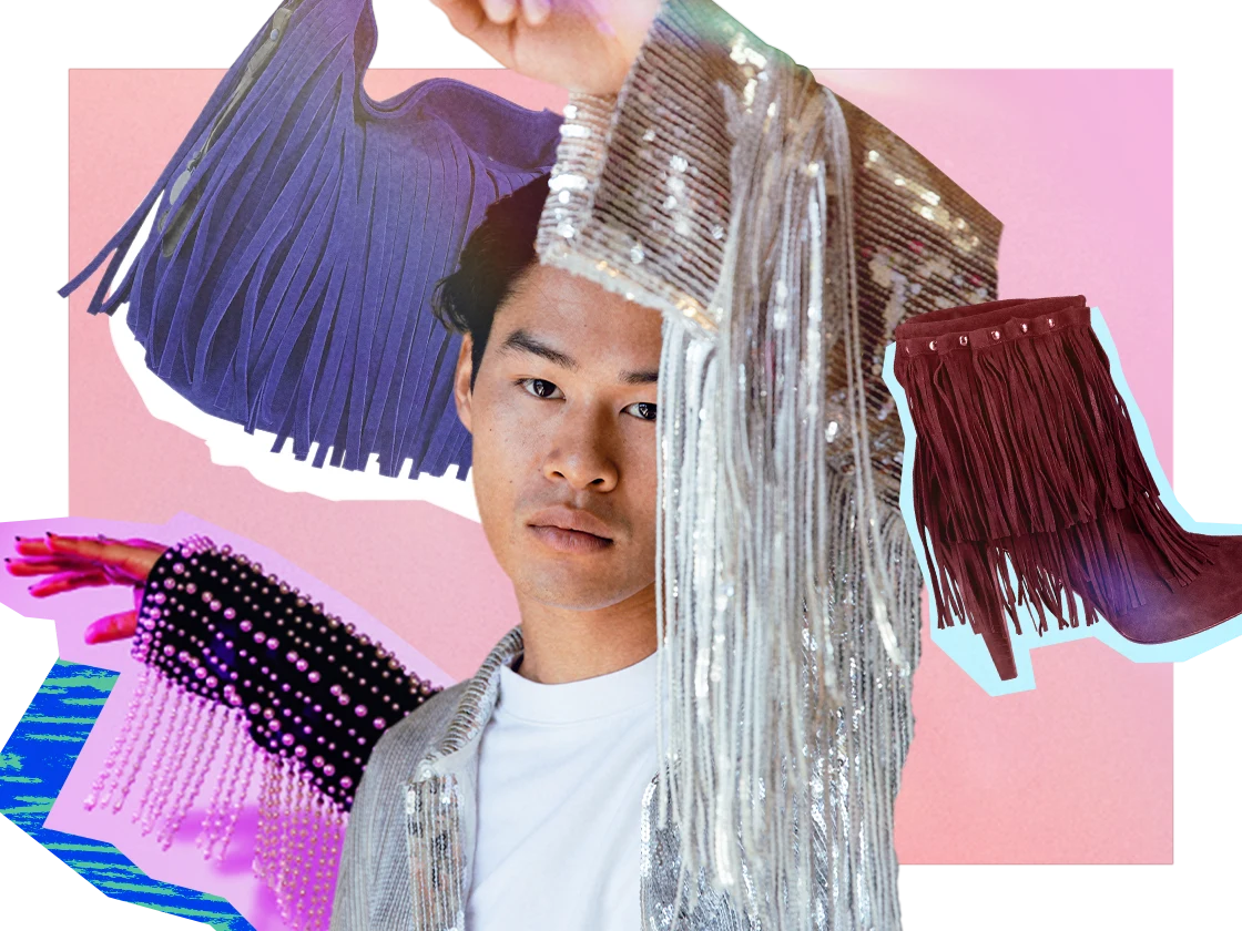 Collage of an Asian man wearing fringed clothing, surrounded by beaded clothing, fringed purses and fringed brown boots.
