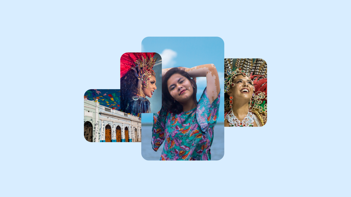 Um conjunto de quatro Pins com várias cenas: pessoas se reuniram em torno de uma mesa, uma mão empilhando cristais e dois exemplos de artes e artesanato.