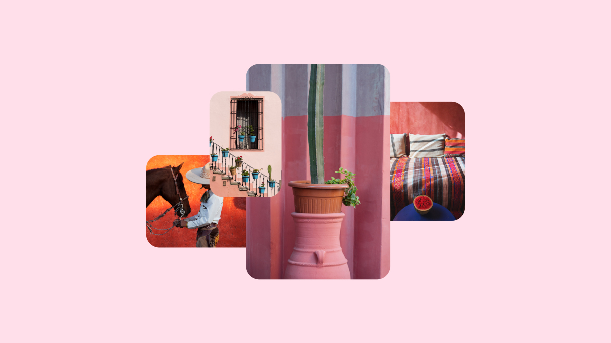 Conjunto de cuatro Pins que presentan diversas escenas: personas reunidas alrededor de una mesa, una mano apilando cristales y dos ejemplos de Arte y artesanía.