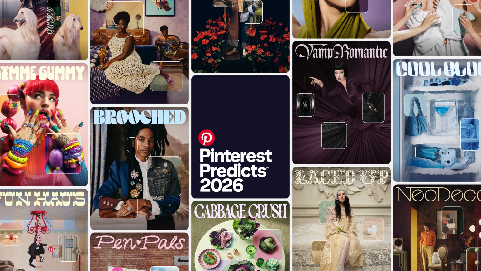 A grid of images shows some of the Pinterest Predicts 2026 trends, like Brooched and Vamp Romantic. In the middle a dark blue rectangle reads, “Pinterest Predicts 2026” in white font.