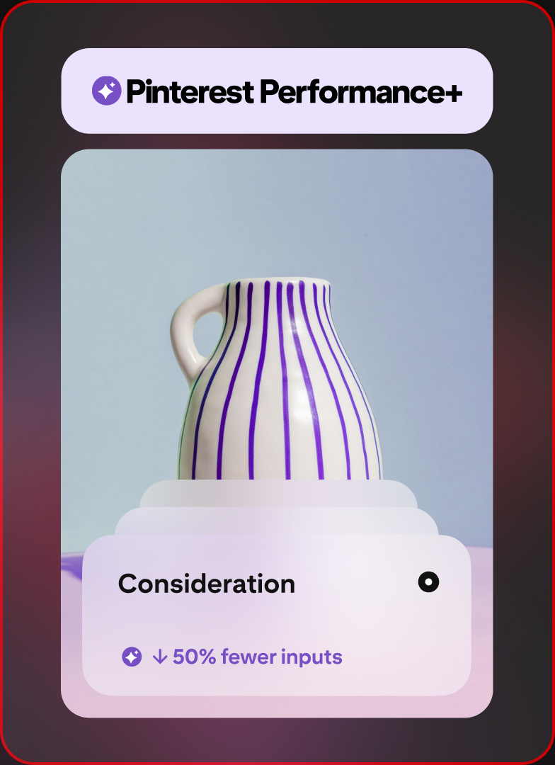 Messaging about quicker set-up is overlaid on a photo a striped ceramic vase