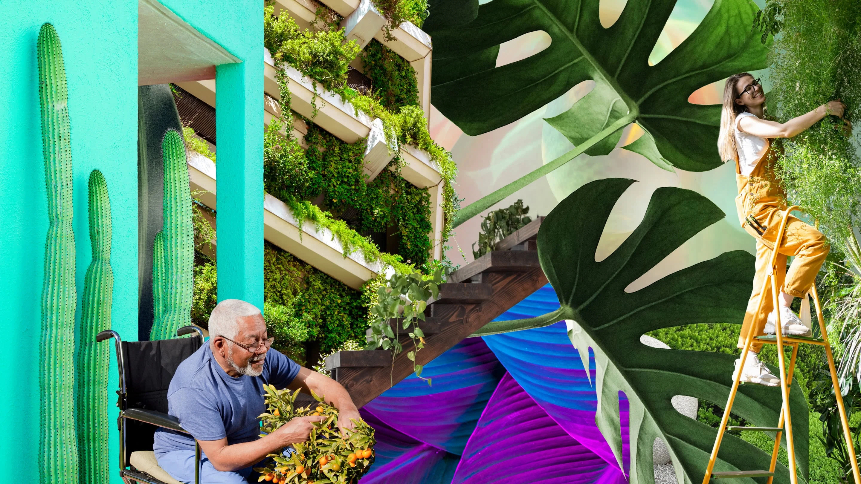 Collage de vegetación. Pared verde brillante con cactus delante de ella. Hombre de piel oscura en silla de ruedas haciendo jardinería. Pared llena de plantas en el fondo. Dos hojas grandes de monstera. Escalera con potus colgantes. Mujer de piel clara en una escalera portátil haciendo el mantenimiento de una planta. 