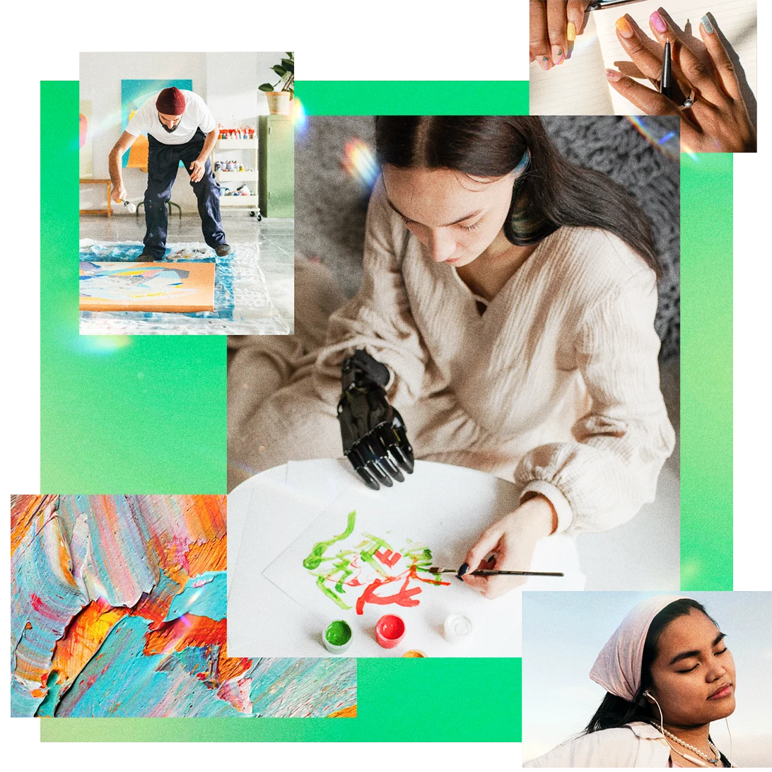 Set of images featuring Black hands writing in a journal, a White woman with a robotic prosthetic hand using watercolor paint, an Asian woman listening to music and a man spray painting on a canvas.
