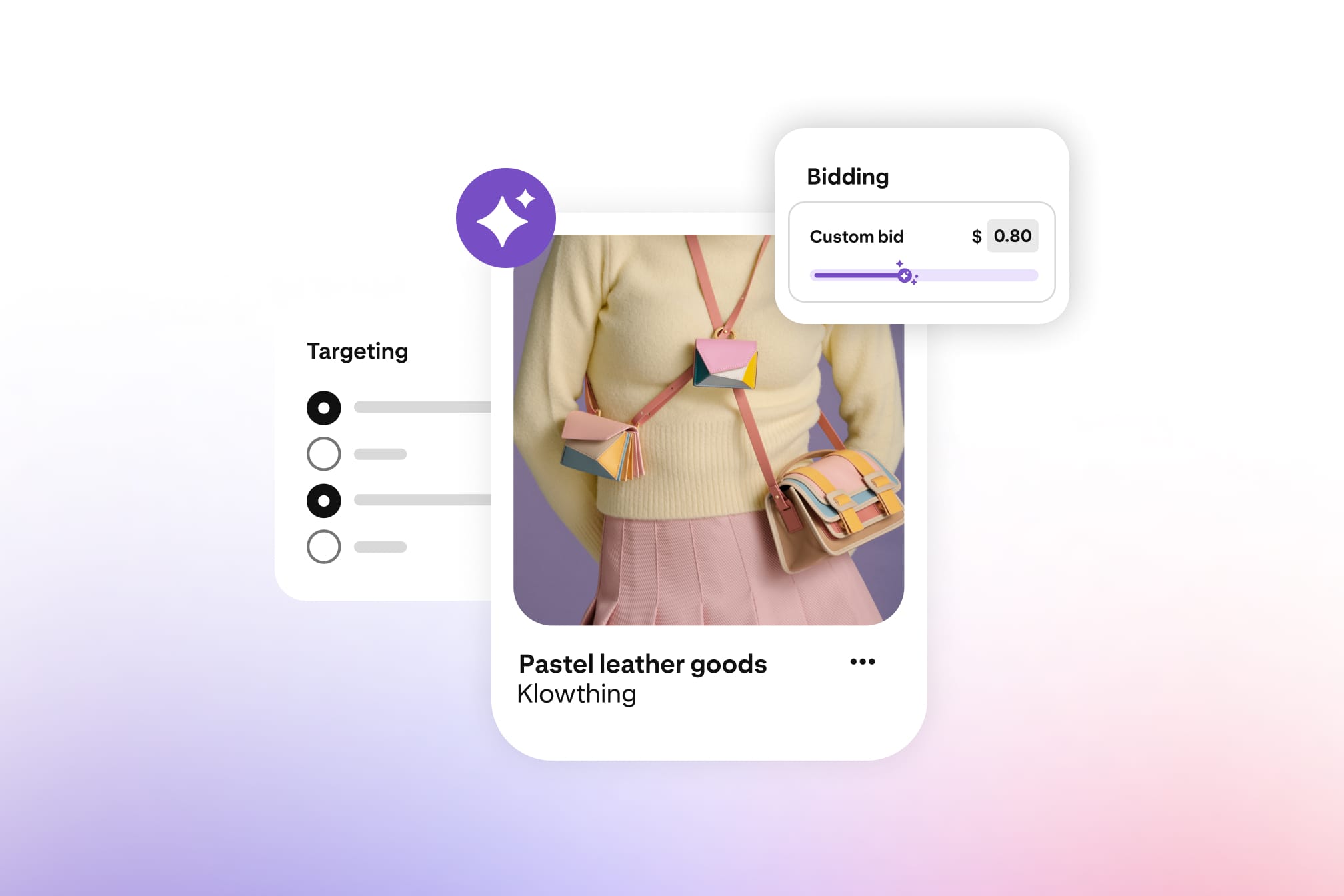 Pinterest Performance+, produto de IA para anunciantes. Um anúncio patrocinado de artigos de couro em tons pastéis, segmentação automática e controles personalizados de lances para ilustrar a otimização de campanhas com IA para marcas de e-commerce.